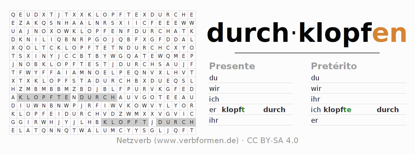 Juego de palabras cruzadas para la conjugación del verbo durchklopfen