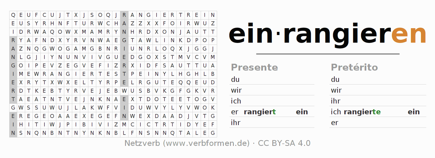 Juego de palabras cruzadas para la conjugación del verbo einrangieren