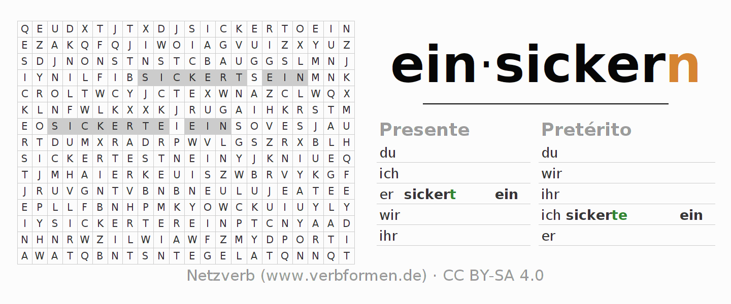 Juego de palabras cruzadas para la conjugación del verbo einsickern