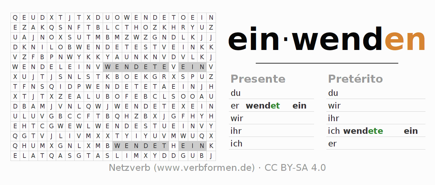 Juego de palabras cruzadas para la conjugación del verbo einwenden (regelm)