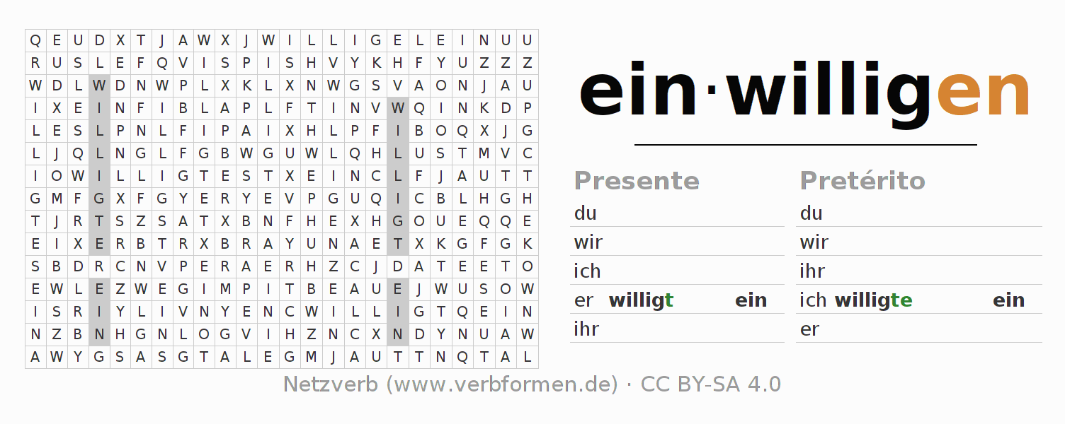 Juego de palabras cruzadas para la conjugación del verbo einwilligen