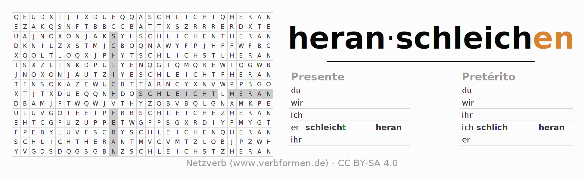 Juego de palabras cruzadas para la conjugación del verbo heranschleichen (hat)