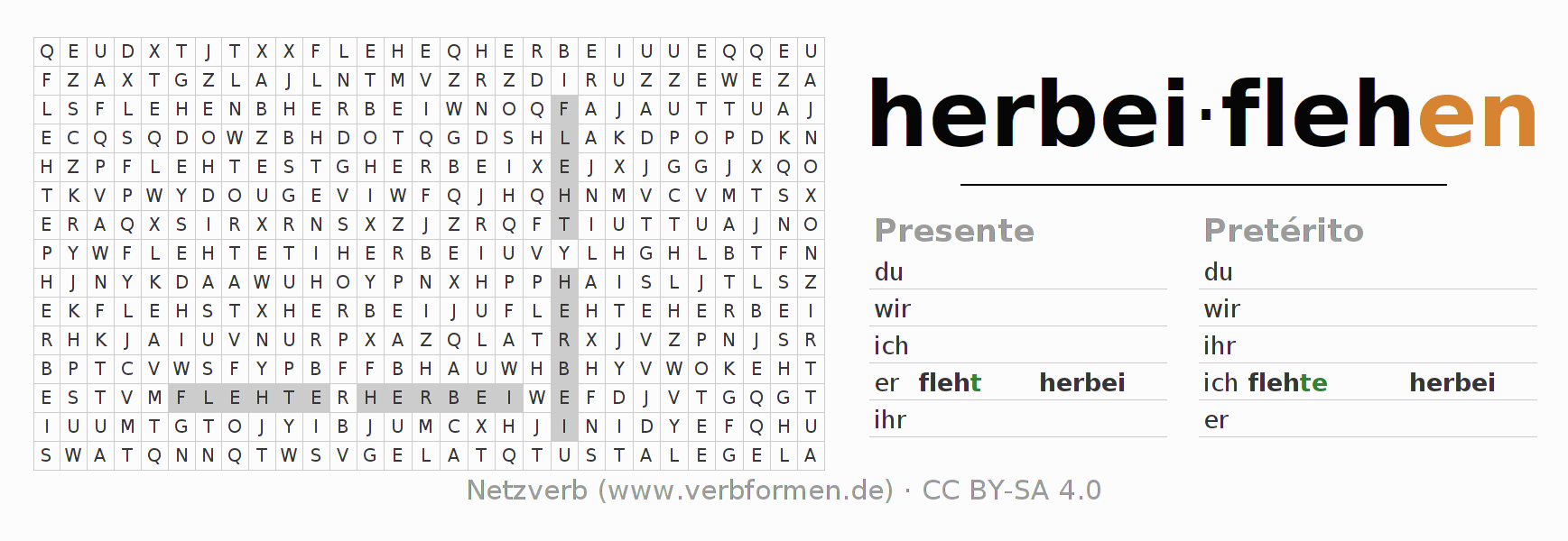 Juego de palabras cruzadas para la conjugación del verbo herbeiflehen