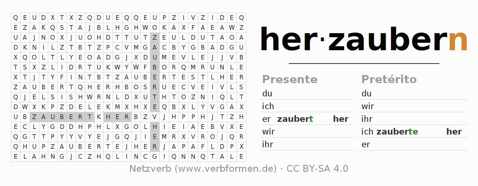 Juego de palabras cruzadas para la conjugación del verbo herzaubern