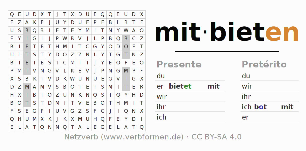 Juego de palabras cruzadas para la conjugación del verbo mitbieten