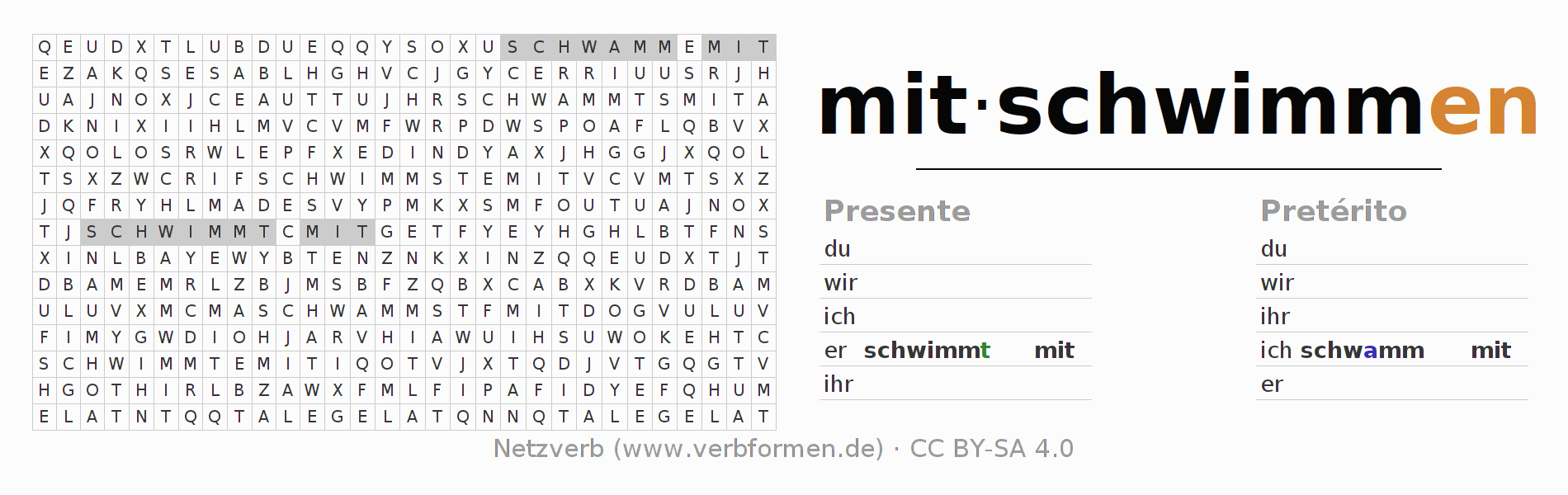 Juego de palabras cruzadas para la conjugación del verbo mitschwimmen
