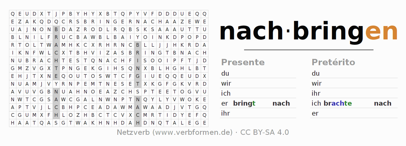Juego de palabras cruzadas para la conjugación del verbo nachbringen