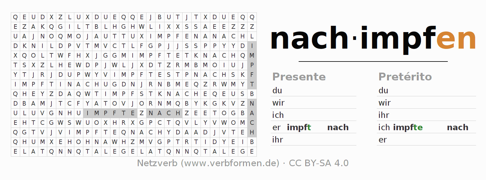 Juego de palabras cruzadas para la conjugación del verbo nachimpfen