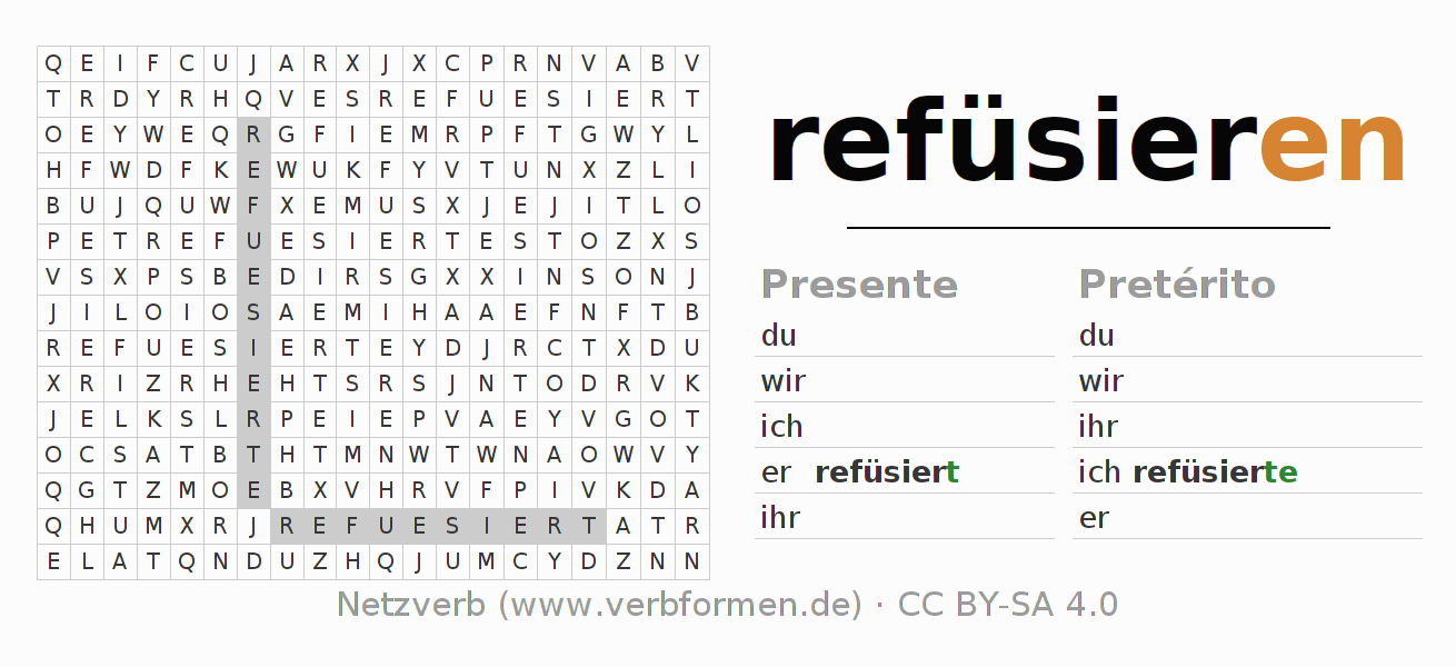 Juego de palabras cruzadas para la conjugación del verbo refüsieren