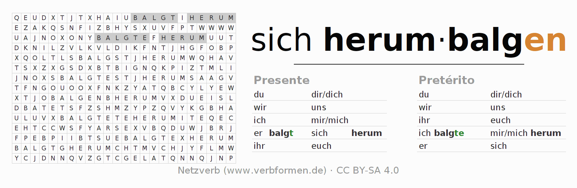 Juego de palabras cruzadas para la conjugación del verbo sich herumbalgen