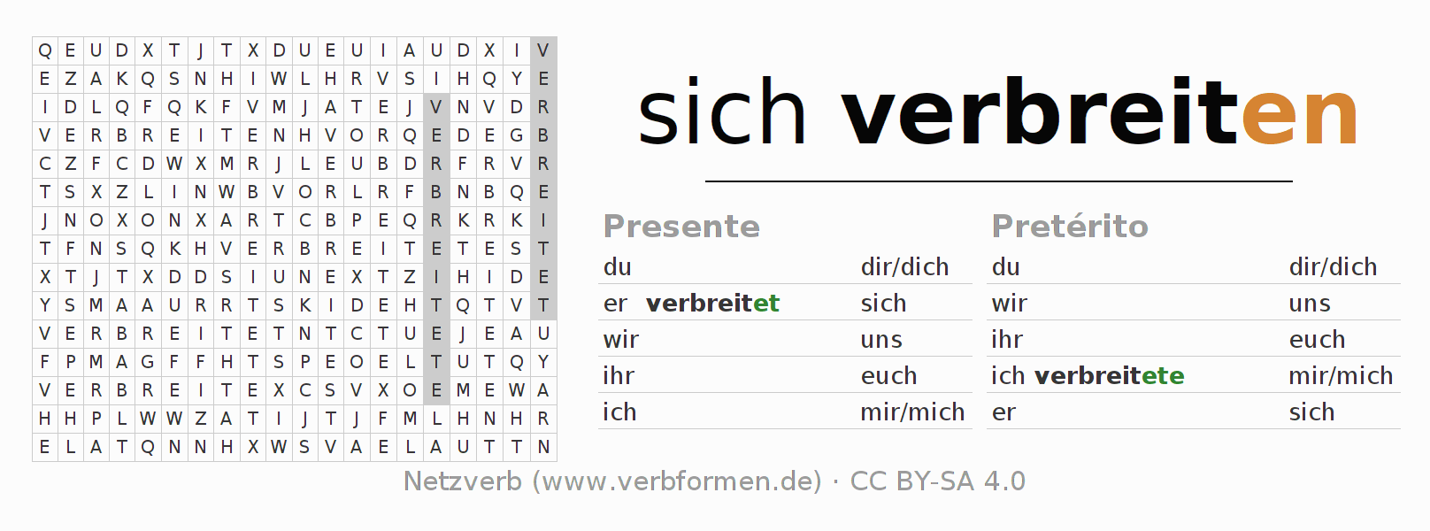 Juego de palabras cruzadas para la conjugación del verbo sich verbreiten