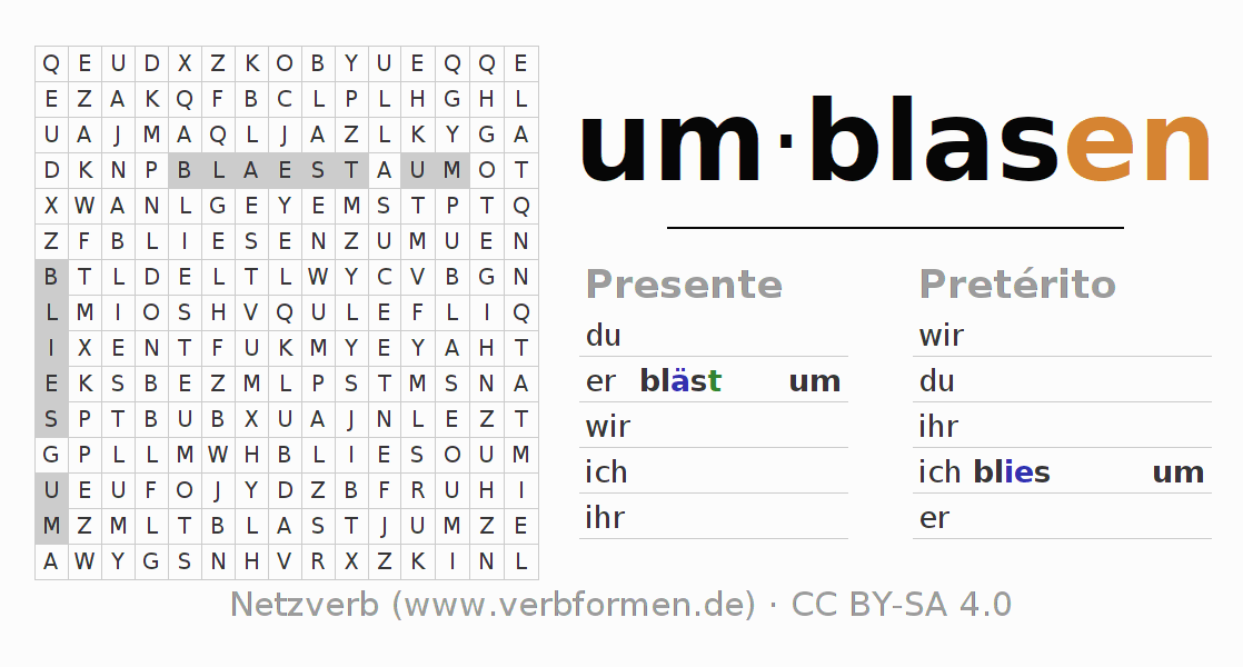 Juego de palabras cruzadas para la conjugación del verbo um-blasen