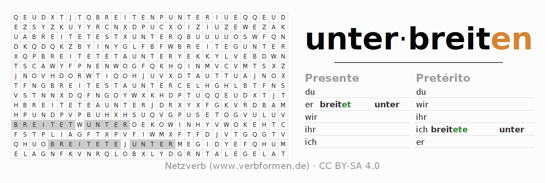 Juego de palabras cruzadas para la conjugación del verbo unter-breiten