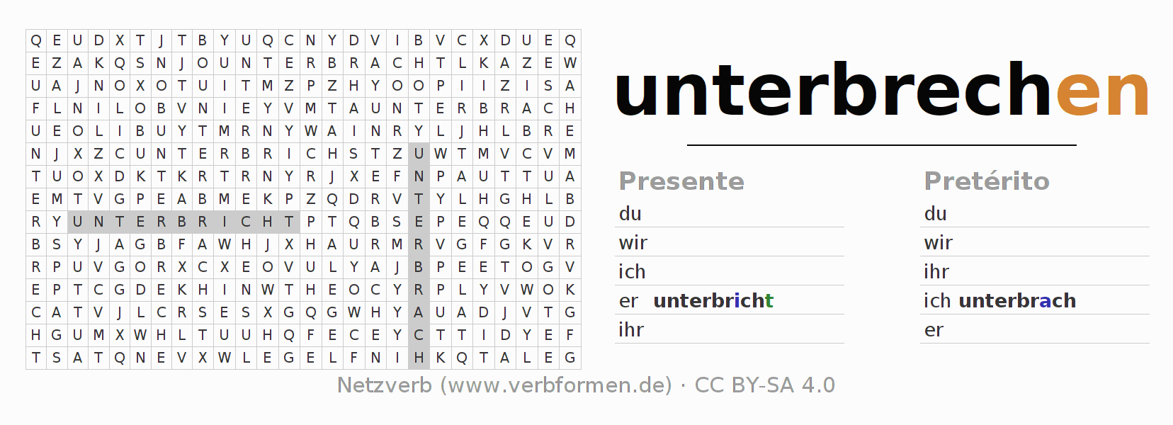 Juego de palabras cruzadas para la conjugación del verbo unterbrechen