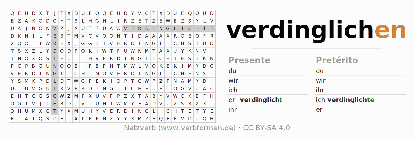 Juego de palabras cruzadas para la conjugación del verbo verdinglichen