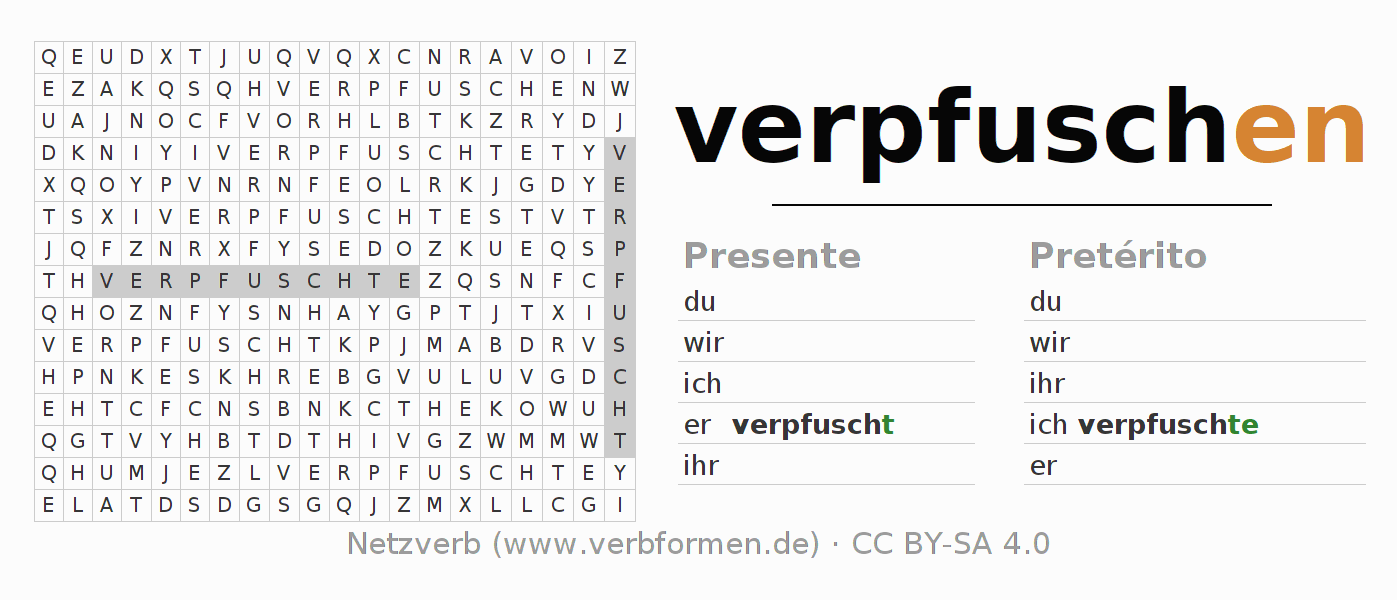 Juego de palabras cruzadas para la conjugación del verbo verpfuschen