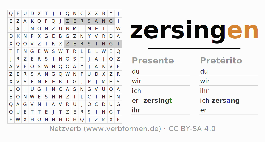 Juego de palabras cruzadas para la conjugación del verbo zersingen