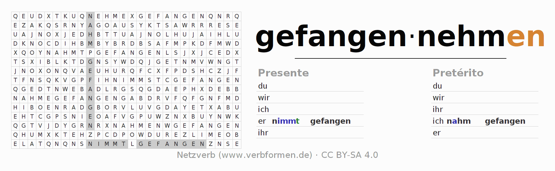 Juego de palabras cruzadas para la conjugación del verbo gefangennehmen