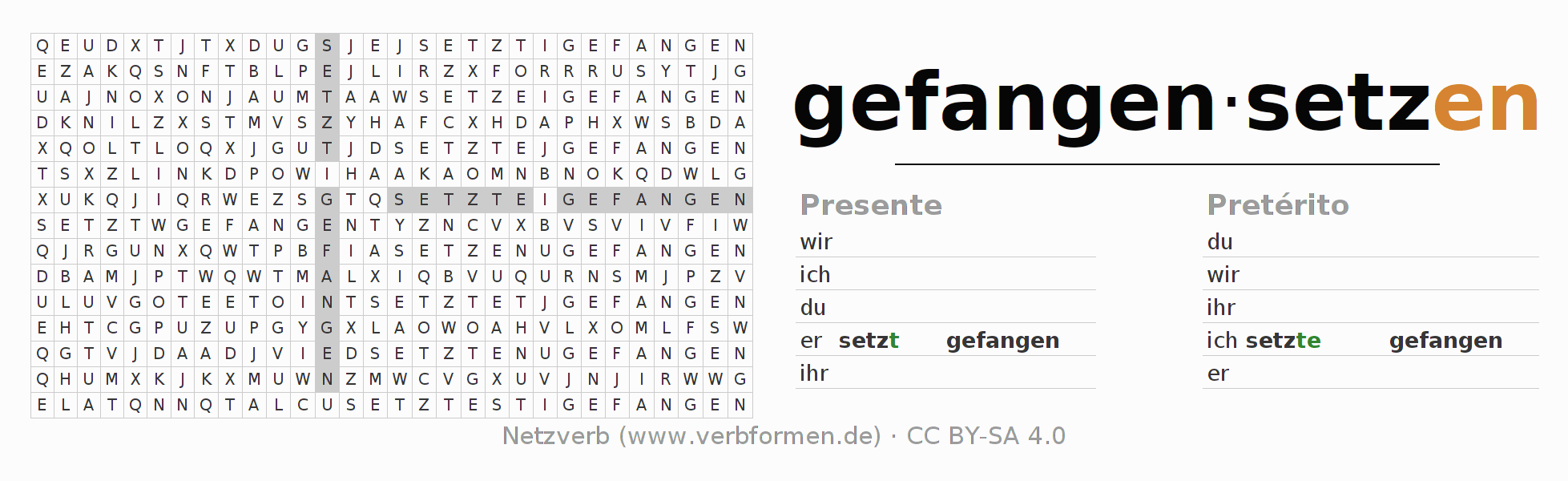 Juego de palabras cruzadas para la conjugación del verbo gefangensetzen