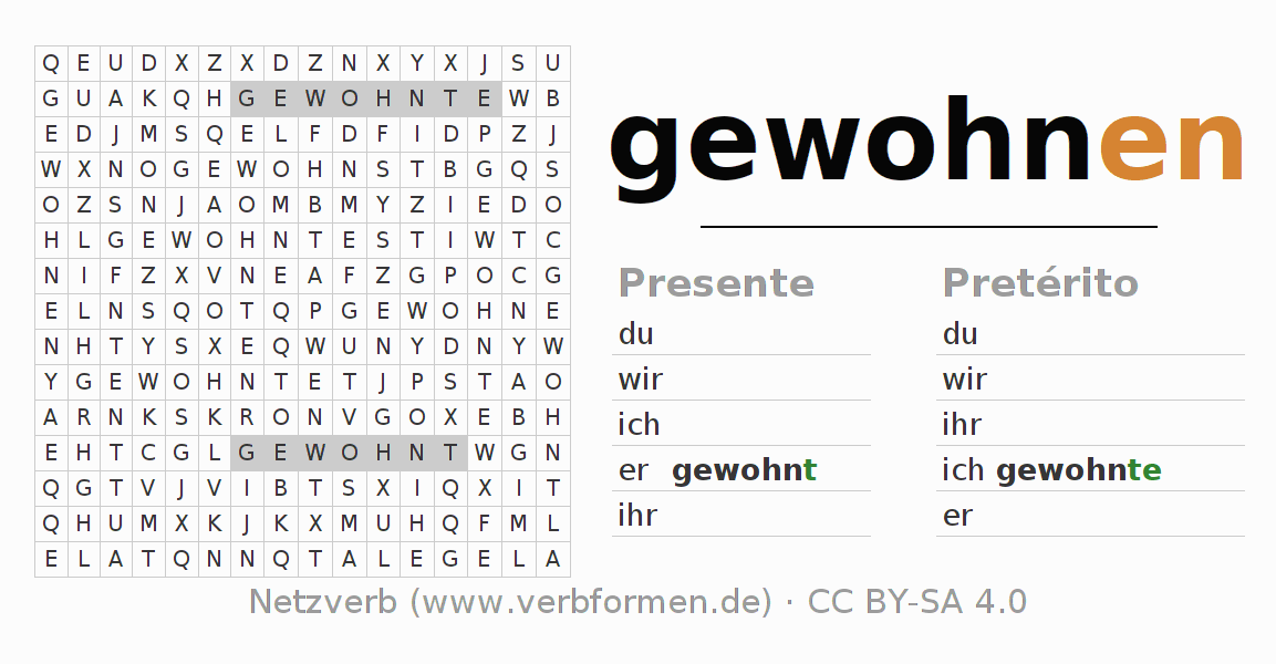 Juego de palabras cruzadas para la conjugación del verbo gewohnen