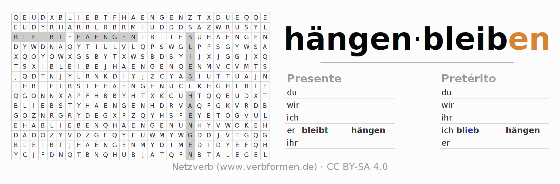 Juego de palabras cruzadas para la conjugación del verbo hängenbleiben