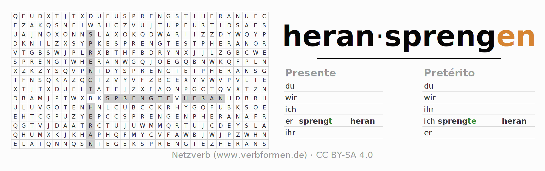 Juego de palabras cruzadas para la conjugación del verbo heransprengen