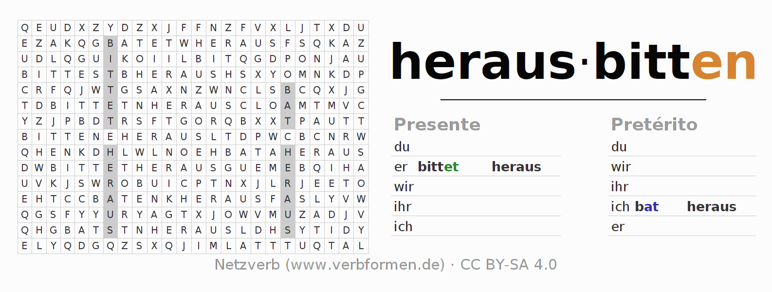 Juego de palabras cruzadas para la conjugación del verbo herausbitten