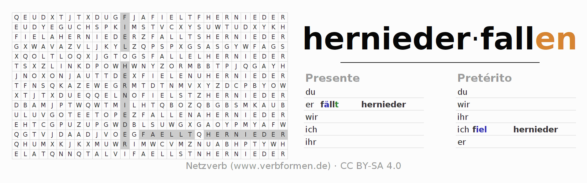 Juego de palabras cruzadas para la conjugación del verbo herniederfallen