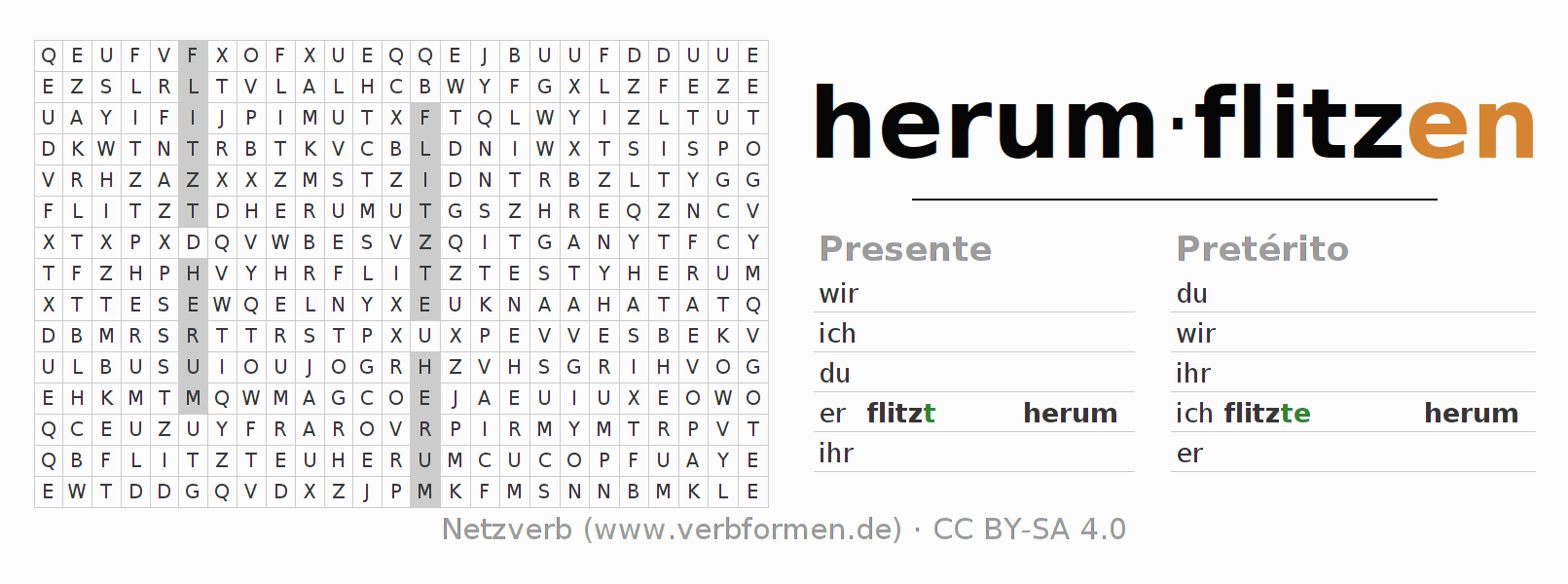 Juego de palabras cruzadas para la conjugación del verbo herumflitzen