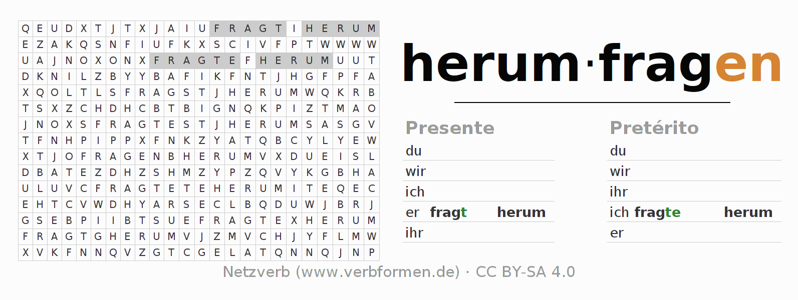 Juego de palabras cruzadas para la conjugación del verbo herumfragen (regelm)