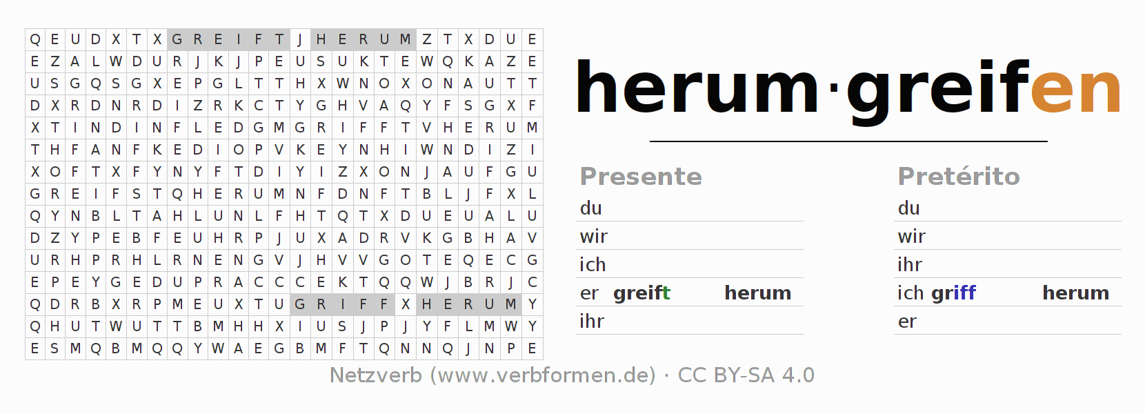 Juego de palabras cruzadas para la conjugación del verbo herumgreifen