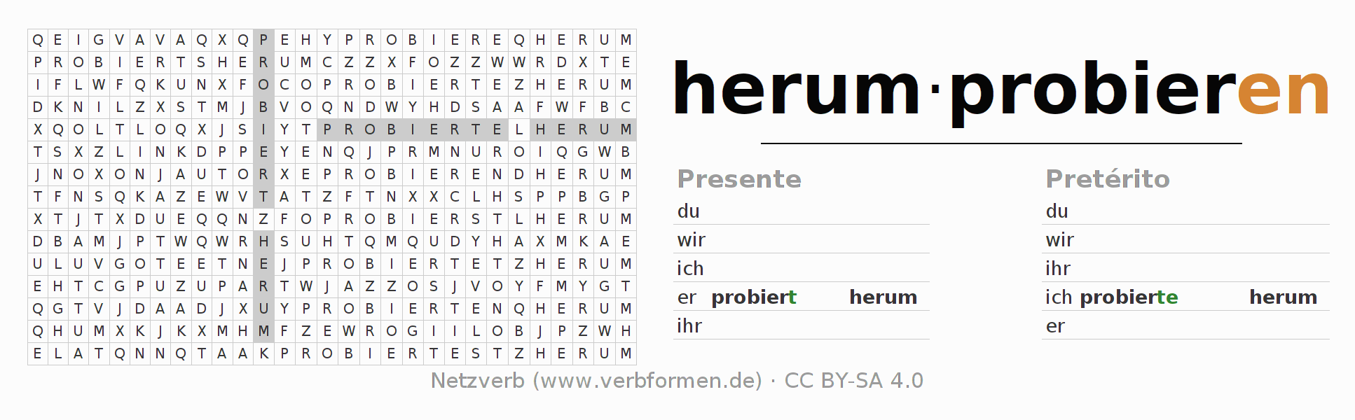 Juego de palabras cruzadas para la conjugación del verbo herumprobieren