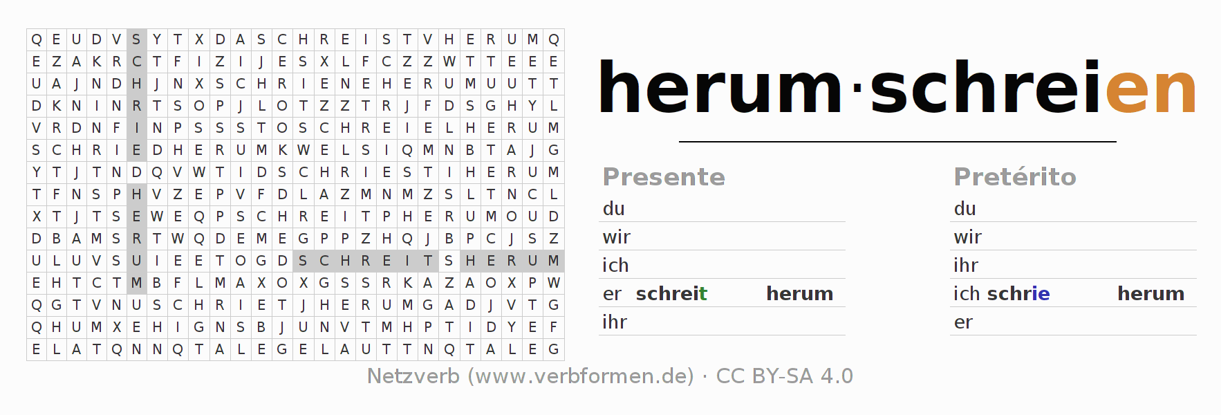 Juego de palabras cruzadas para la conjugación del verbo herumschreien