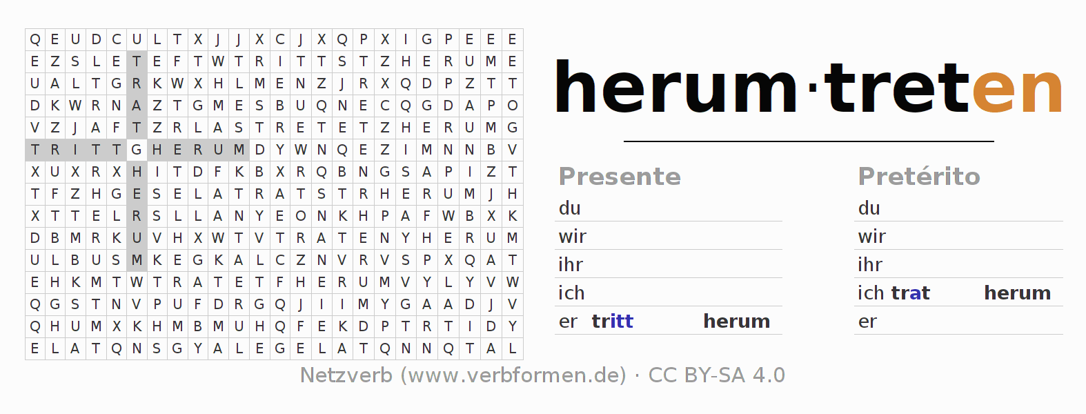 Juego de palabras cruzadas para la conjugación del verbo herumtreten (ist)