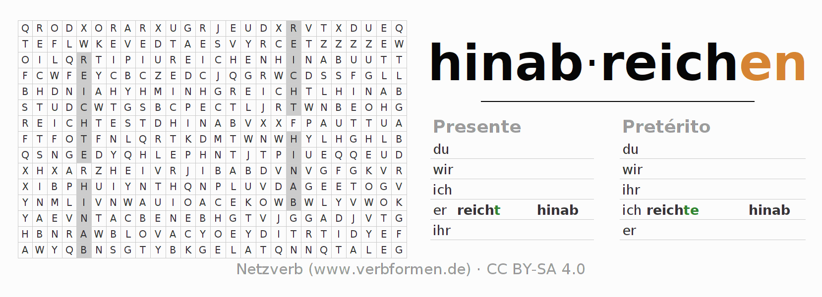 Juego de palabras cruzadas para la conjugación del verbo hinabreichen