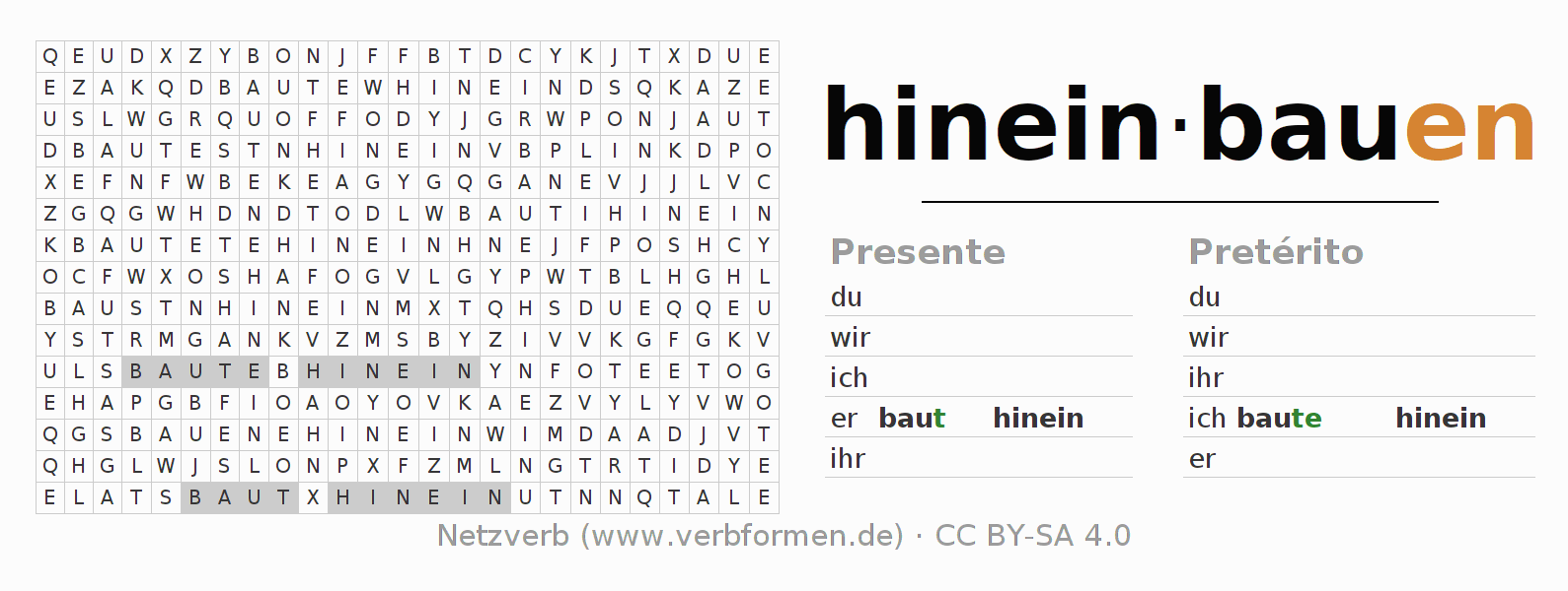 Juego de palabras cruzadas para la conjugación del verbo hineinbauen
