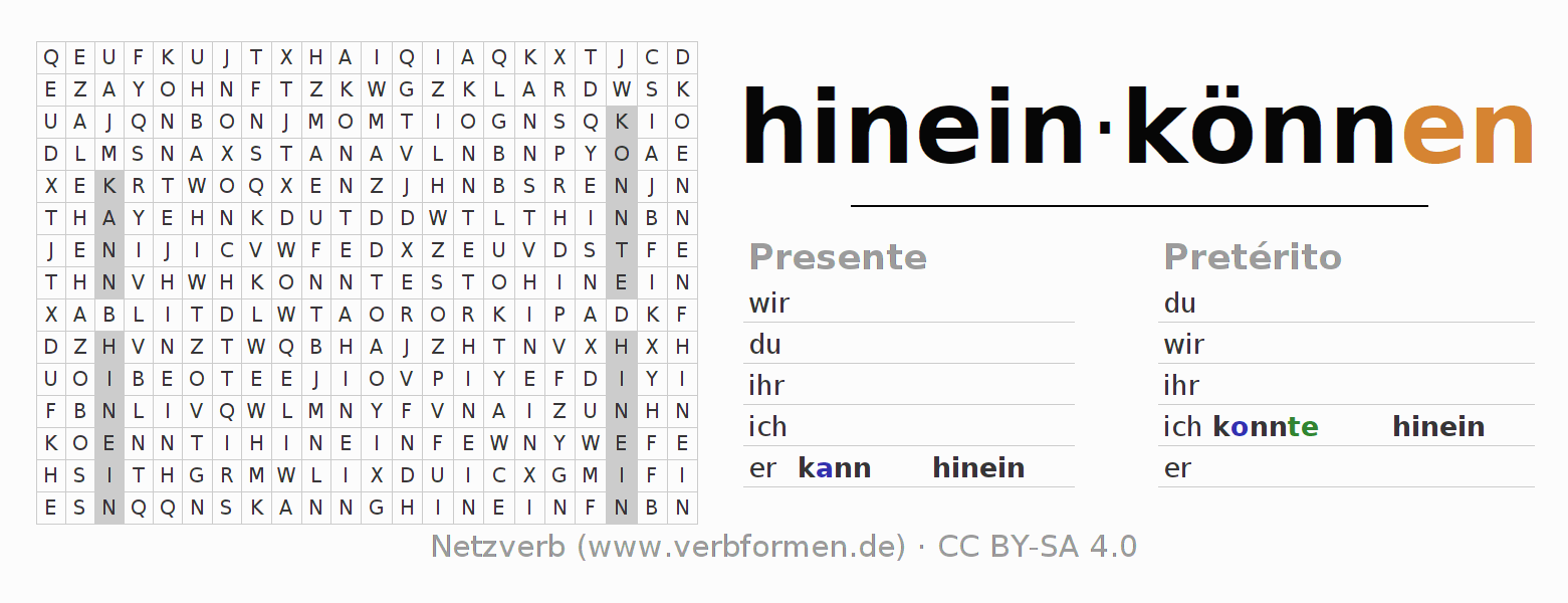 Juego de palabras cruzadas para la conjugación del verbo hineinkönnen