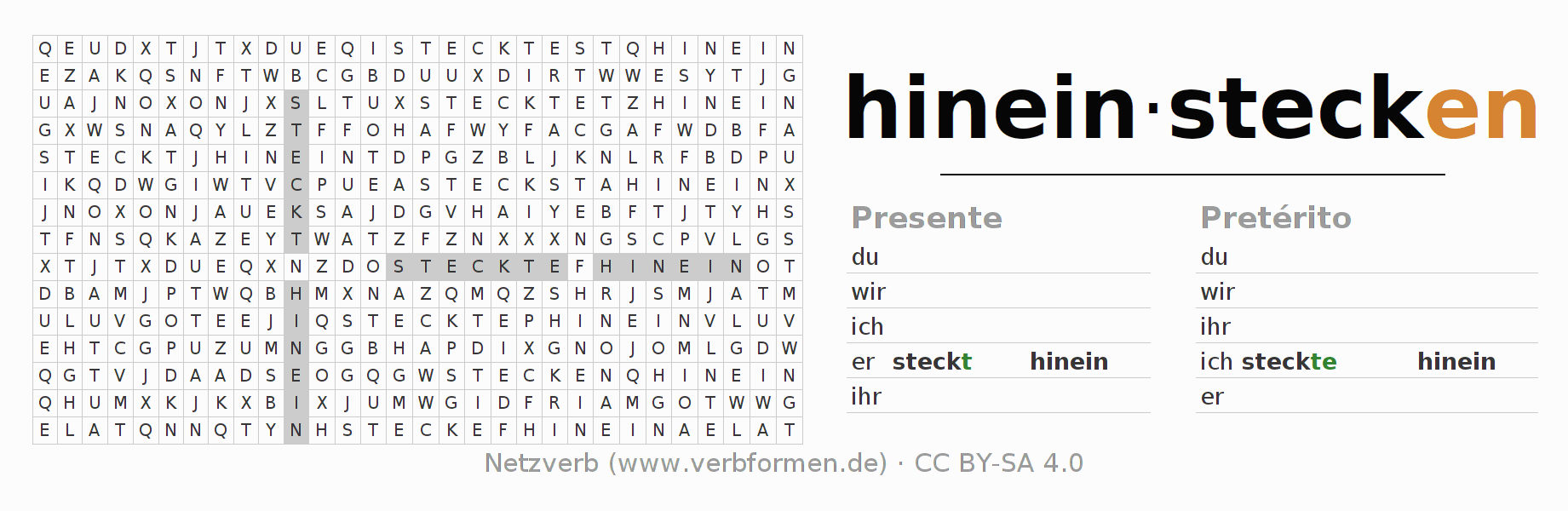 Juego de palabras cruzadas para la conjugación del verbo hineinstecken