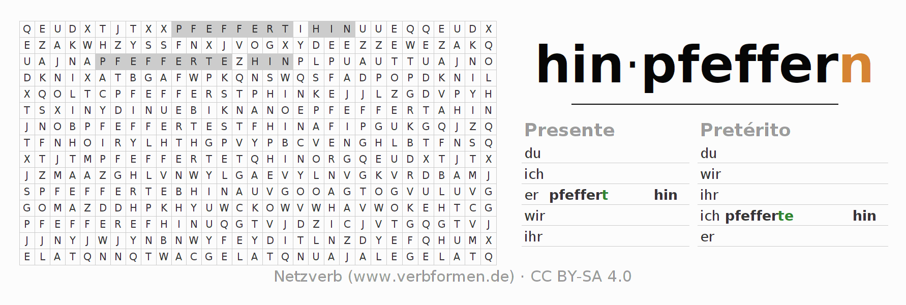 Juego de palabras cruzadas para la conjugación del verbo hinpfeffern