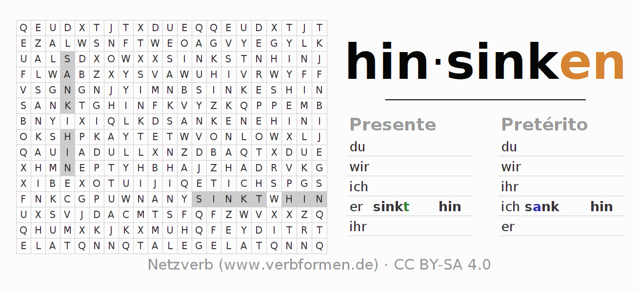 Juego de palabras cruzadas para la conjugación del verbo hinsinken