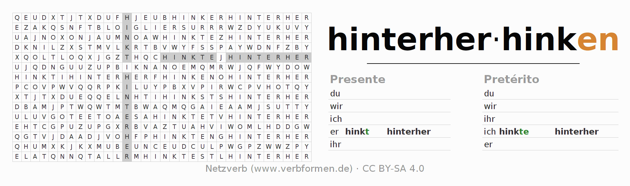 Juego de palabras cruzadas para la conjugación del verbo hinterherhinken