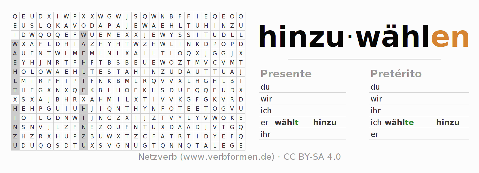 Juego de palabras cruzadas para la conjugación del verbo hinzuwählen