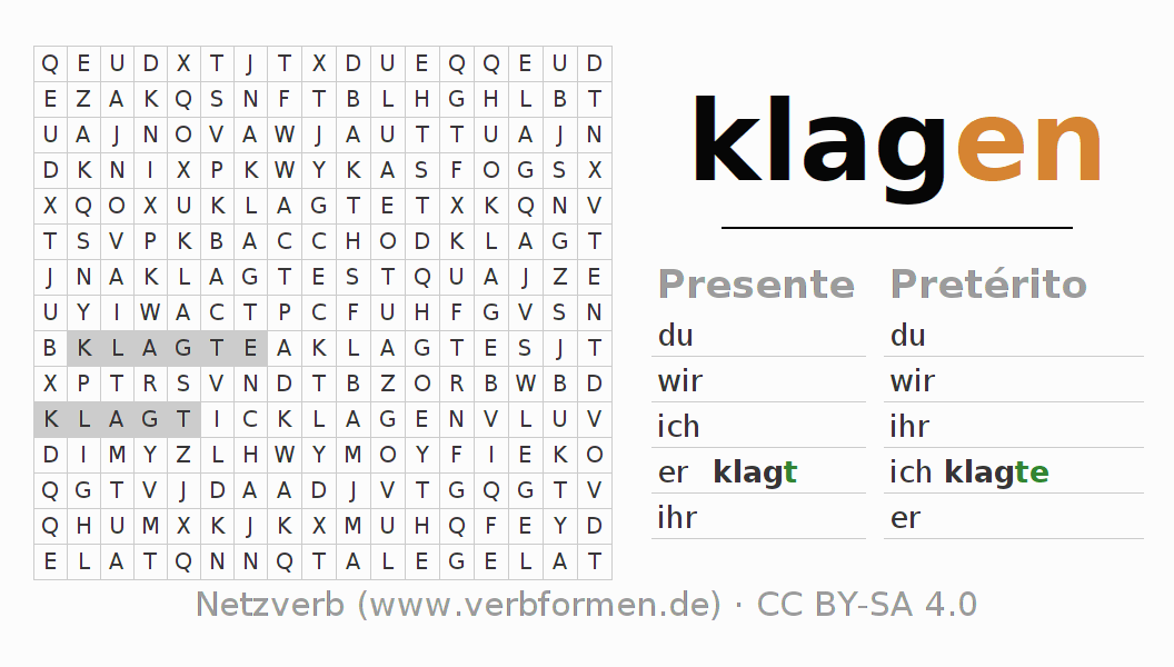 Juego de palabras cruzadas para la conjugación del verbo klagen