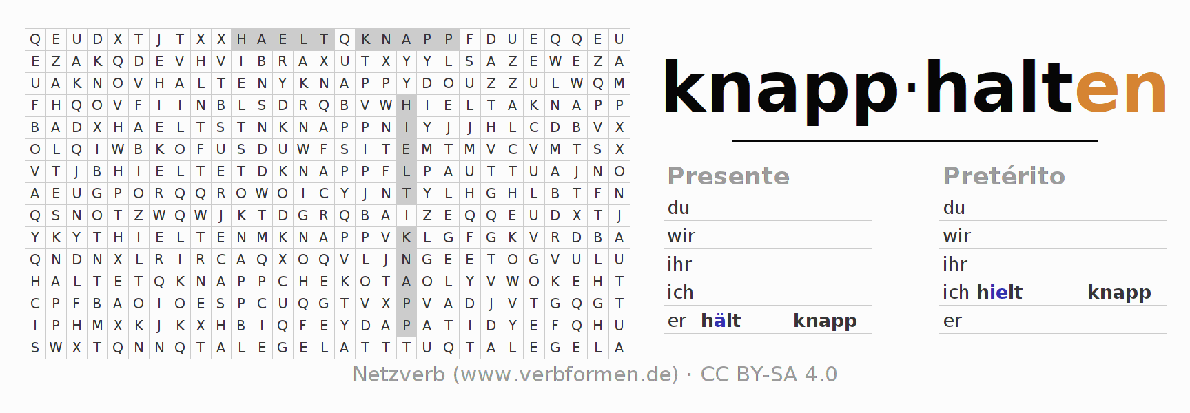 Juego de palabras cruzadas para la conjugación del verbo knapphalten