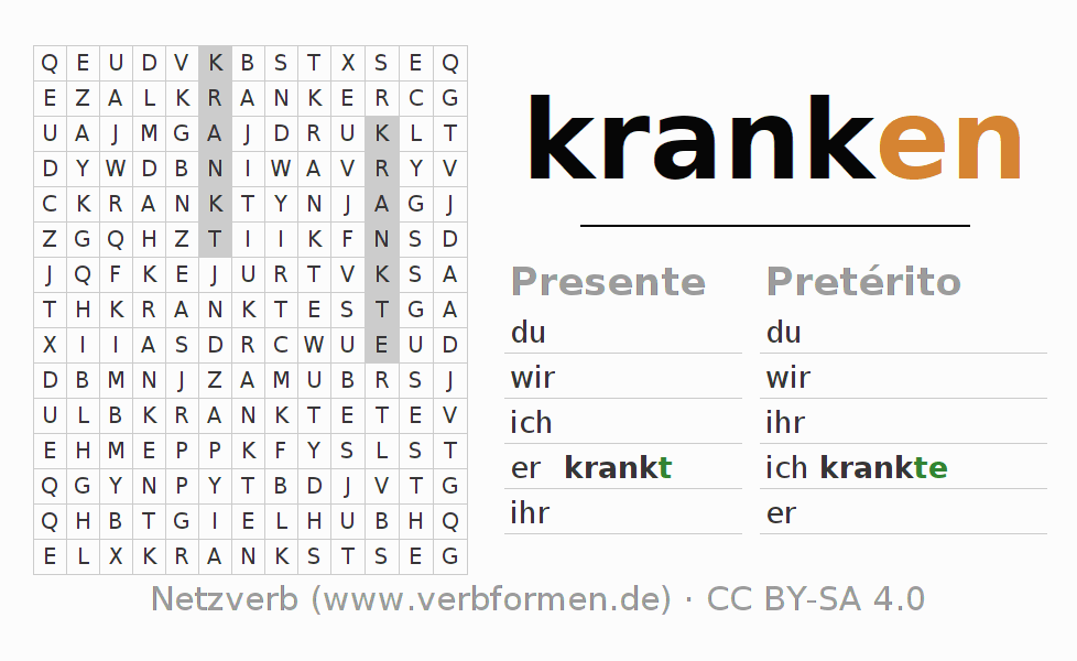Juego de palabras cruzadas para la conjugación del verbo kranken (ist)