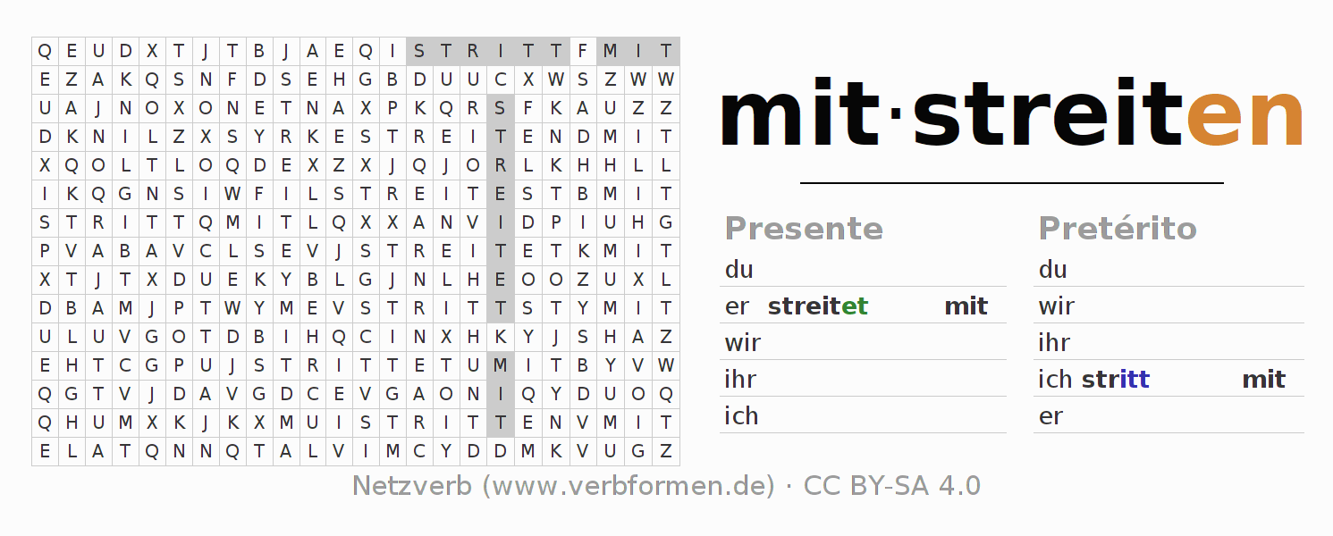 Juego de palabras cruzadas para la conjugación del verbo mitstreiten