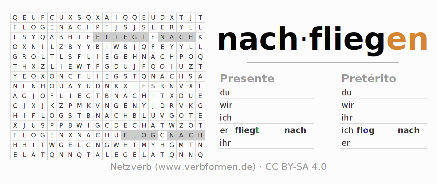 Juego de palabras cruzadas para la conjugación del verbo nachfliegen (hat)