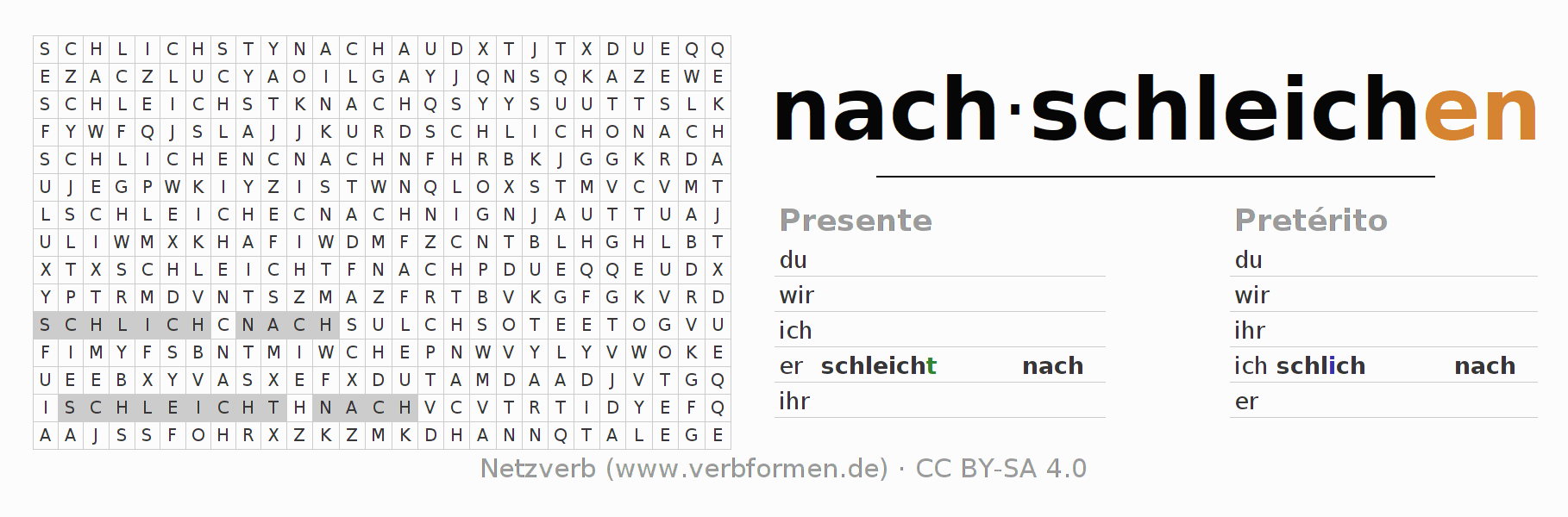 Juego de palabras cruzadas para la conjugación del verbo nachschleichen