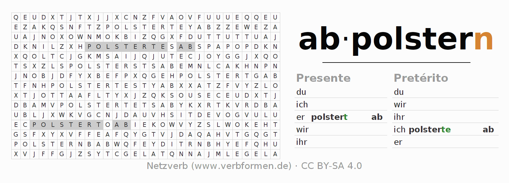 Juego de palabras cruzadas para la conjugación del verbo abpolstern