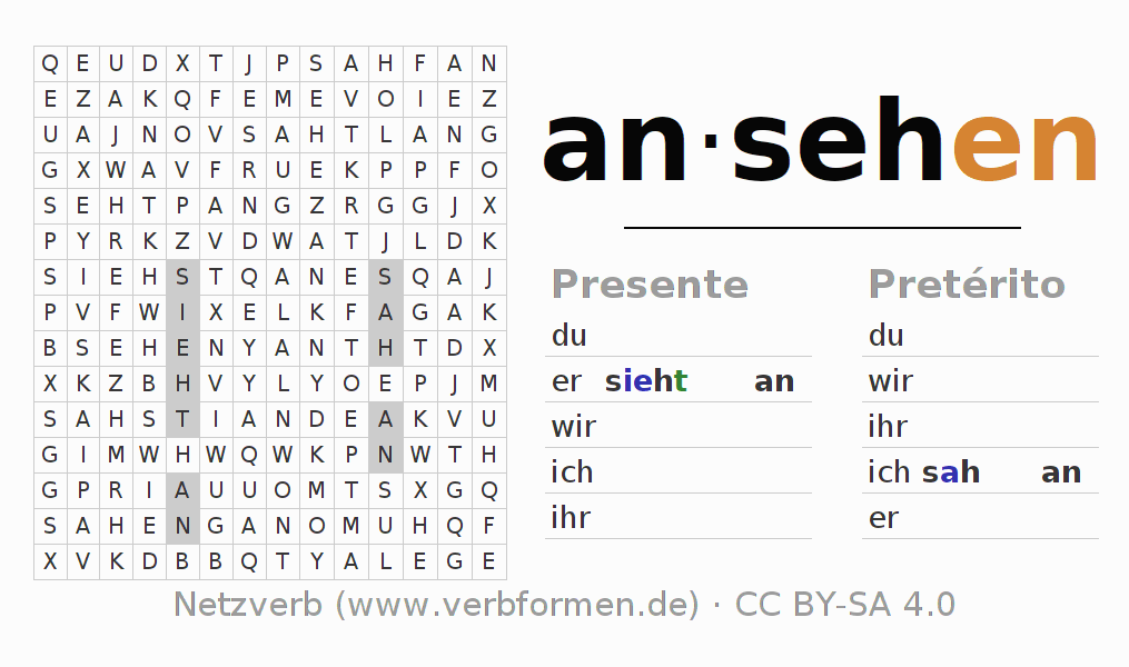 Juego de palabras cruzadas para la conjugación del verbo ansehen
